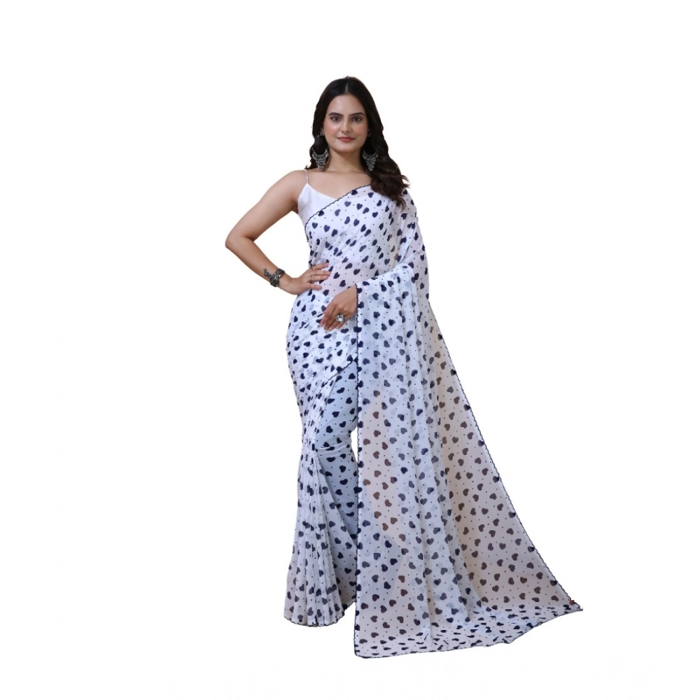 White and Blue Georgette Printed Saree with Unstitched Blouse