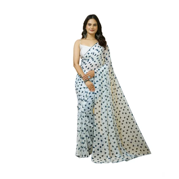 White Georgette Printed Saree for Women