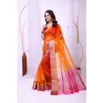 Generic Women's Organza jacquard Embellished Saree With Unstitched Blouse 5.5Mtr (Orange) - Image 3