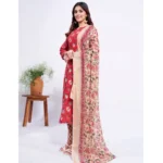 Generic Women's Cotton Blend Printed Kurti With Pant Dupatta Set (Red) - Image 3