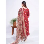 Generic Women's Cotton Blend Printed Kurti With Pant Dupatta Set (Red) - Image 4