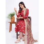 Generic Women's Cotton Blend Printed Kurti With Pant Dupatta Set (Red) - Image 5