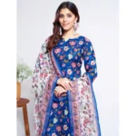 Generic Women's Cotton Blend Printed Kurti With Pant Dupatta Set (Blue) - Image 3