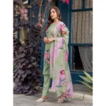 Generic Women's Cotton Blend Printed Kurti With Pant Dupatta Set (Mehendi) - Image 2