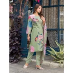 Generic Women's Cotton Blend Printed Kurti With Pant Dupatta Set (Mehendi) - Image 5