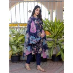 Generic Women's Cotton Blend Printed Kurti With Pant Dupatta Set (NavyBlue) - Image 4