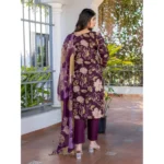 Generic Women's Cotton Blend Printed Kurti With Pant Dupatta Set (Purple) - Image 2