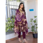 Generic Women's Cotton Blend Printed Kurti With Pant Dupatta Set (Purple) - Image 5