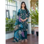 Generic Women's Cotton Blend Printed Kurti With Pant Dupatta Set (Rama) - Image 5