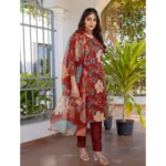 Generic Women's Cotton Blend Printed Kurti With Pant Dupatta Set (Rust) - Image 3