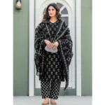 Generic Women's Cotton Blend Printed Kurti With Pant Dupatta Set (Black) - Image 5