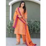 Generic Women's Cotton Blend Printed Kurti With Pant Dupatta Set (Coral) - Image 5