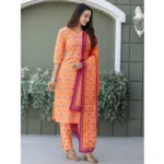 Generic Women's Cotton Blend Printed Kurti With Pant Dupatta Set (Coral) - Image 3