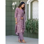 Generic Women's Cotton Blend Printed Kurti With Pant Dupatta Set (Lavender) - Image 4