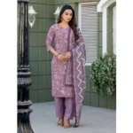 Generic Women's Cotton Blend Printed Kurti With Pant Dupatta Set (Lavender) - Image 3