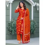 Generic Women's Cotton Blend Printed Kurti With Pant Dupatta Set (Maroon) - Image 4