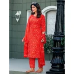 Generic Women's Cotton Blend Printed Kurti With Pant Dupatta Set (Orange) - Image 2