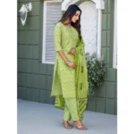 Generic Women's Cotton Blend Printed Kurti With Pant Dupatta Set (Parrot) - Image 5