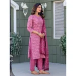 Generic Women's Cotton Blend Printed Kurti With Pant Dupatta Set (Pink) - Image 4