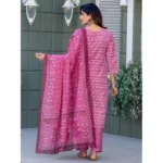 Generic Women's Cotton Blend Printed Kurti With Pant Dupatta Set (Pink) - Image 5