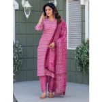Generic Women's Cotton Blend Printed Kurti With Pant Dupatta Set (Pink) - Image 3