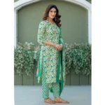 Generic Women's Cotton Blend Printed Kurti With Pant Dupatta Set (Pista) - Image 4
