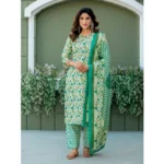 Generic Women's Cotton Blend Printed Kurti With Pant Dupatta Set (Pista) - Image 3