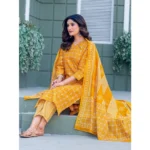 Generic Women's Cotton Blend Printed Kurti With Pant Dupatta Set (Yellow) - Image 4