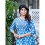 Generic Women's Rayon Print With Embroidery Work A-Line Kurti (Sky Blue) - Image 3