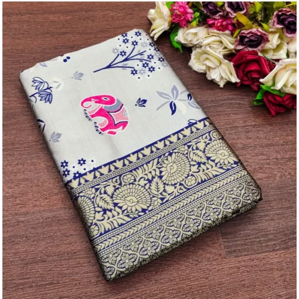 Generic Women's Soft Litchi Silk Jacquard Work Saree With Unstitched Blouse 5.5Mtr (Blue)