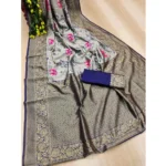 Generic Women's Soft Litchi Silk Jacquard Work Saree With Unstitched Blouse 5.5Mtr (Blue) - Image 2