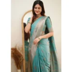 Generic Women's Soft Litchi Silk Jacquard Work Saree With Unstitched Blouse 5.5Mtr (Light Blue) - Image 3