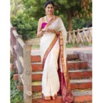 Generic Women's Soft Litchi Silk Jacquard Work Saree With Unstitched Blouse 5.5Mtr (White)