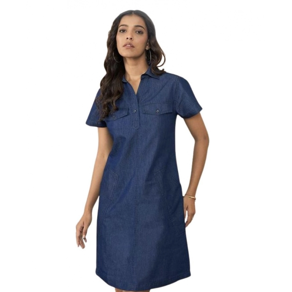 Blue Denim Half Sleeve Dress for Women
