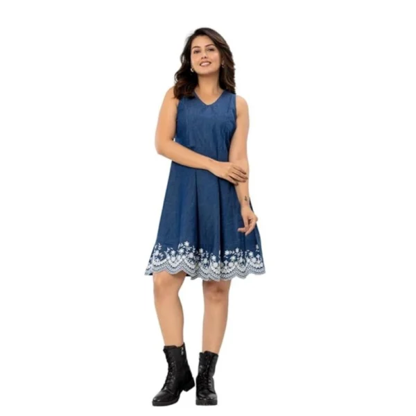 Blue Denim Sleeveless Dress with Embroidery