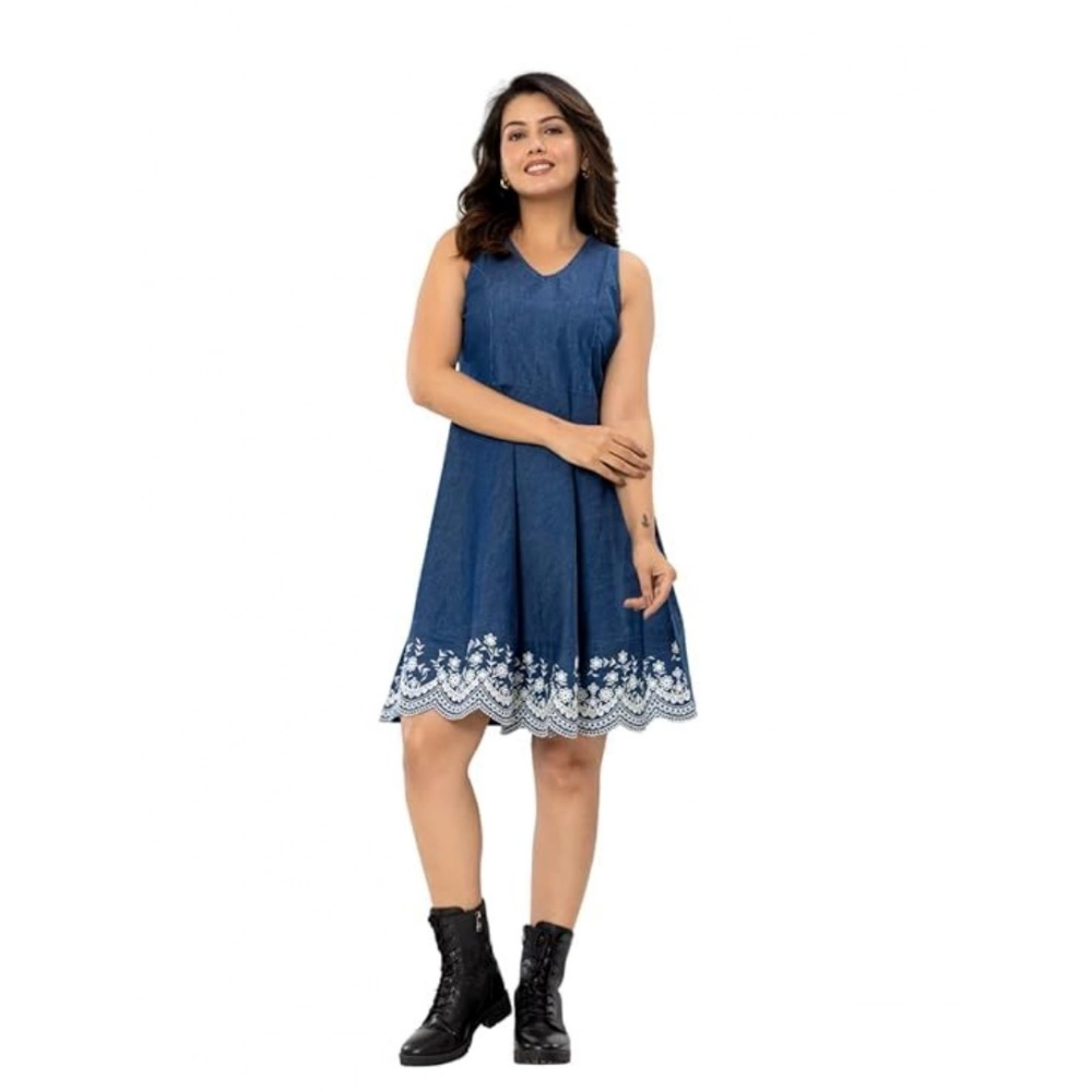 Blue Denim Sleeveless Dress with Embroidery