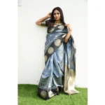 Generic Women's Soft Lichi Silk Printed Saree With Unstitched Blouse 5.5Mtr (Grey) - Image 2