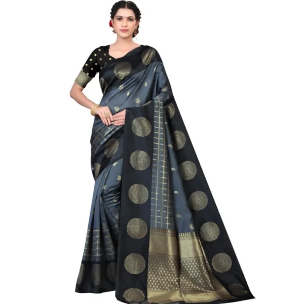 Black Soft Lichi Silk Printed Saree for Women