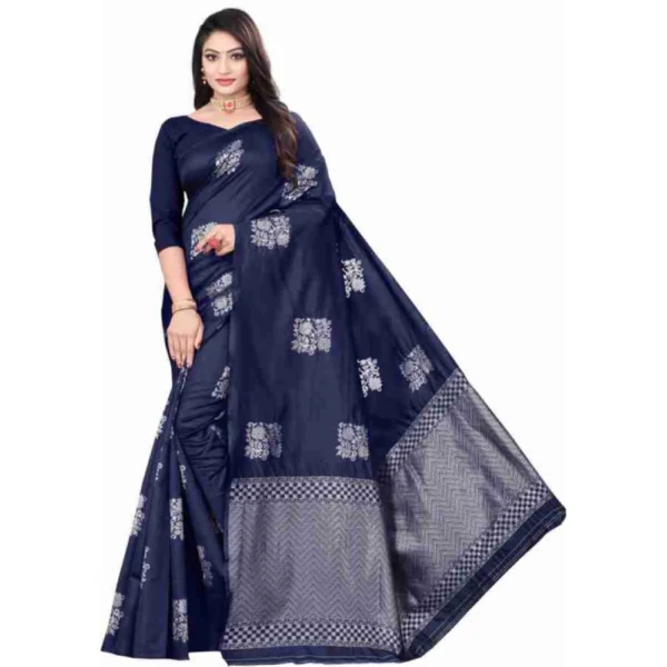 Blue Soft Lichi Silk Printed Saree with Unstitched Blouse
