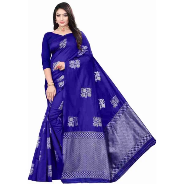 Royal Blue Soft Lichi Silk Printed Saree with Unstitched Blouse