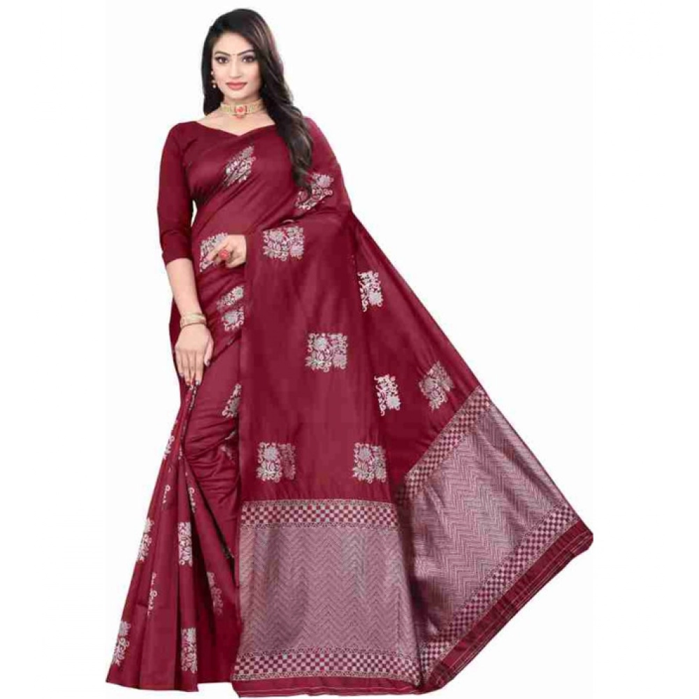 Maroon Lichi Silk Printed Saree with Unstitched Blouse