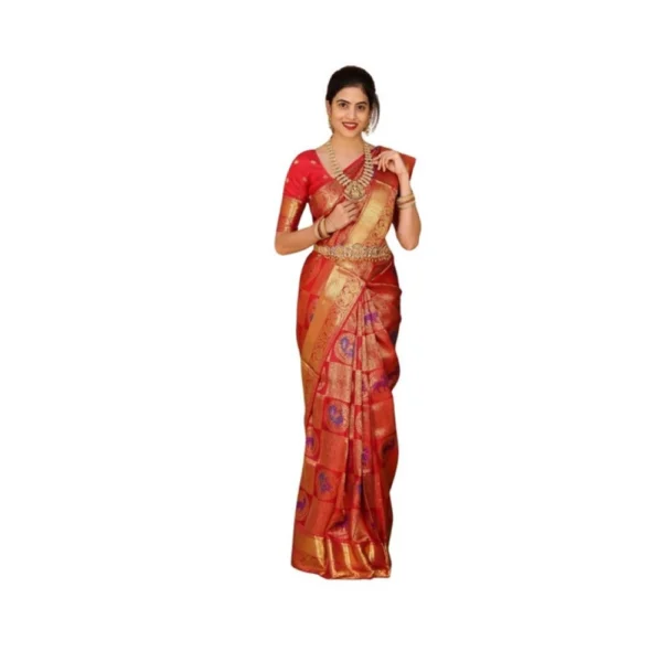 Red Soft Lichi Silk Printed Saree with Unstitched Blouse