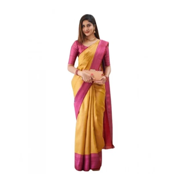 Mustard Soft Lichi Silk Printed Saree with Unstitched Blouse