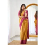 Generic Women's Soft Lichi Silk Printed Saree With Unstitched Blouse 5.5Mtr (Mustard ) - Image 2