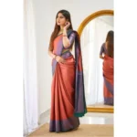 Generic Women's Soft Lichi Silk Printed Saree With Unstitched Blouse 5.5Mtr (Orange) - Image 2
