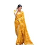 Yellow Soft Lichi Silk Printed Saree with Unstitched Blouse
