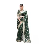 Green Soft Lichi Silk Printed Saree with Unstitched Blouse