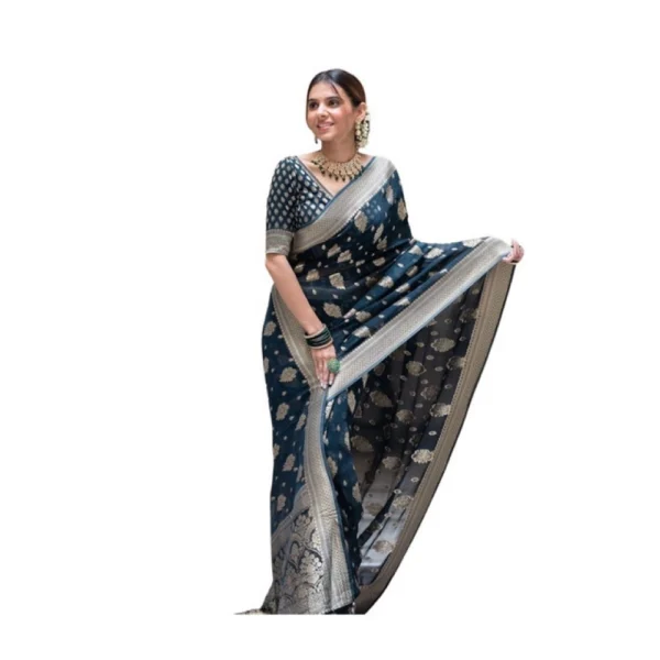 Blue Soft Lichi Silk Printed Saree with Unstitched Blouse