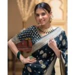 Generic Women's Soft Lichi Silk Printed Saree With Unstitched Blouse 5.5Mtr (Blue) - Image 2