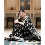 Generic Women's Soft Lichi Silk Printed Saree With Unstitched Blouse 5.5Mtr (Black) - Image 2